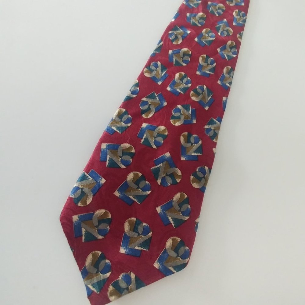 Men's Abstract Silk Tie Italian Design VITO RUFOLO Red Blue Brown Geo Art Deco